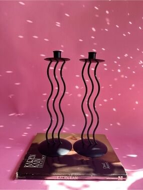 Vintage Post Modern Sculptural Squiggle Wrought Iron 1990s Memphis Candlesticks